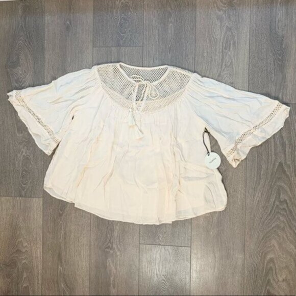 Tularosa Revolve Huxley Top Cream Tassels ties Gauze Crochet Flutter Sleeve - Picture 4 of 16